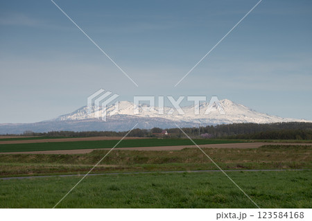 春の畑と残雪の山並み 大雪山 春の畑と残雪の山並み 大雪山 123584168