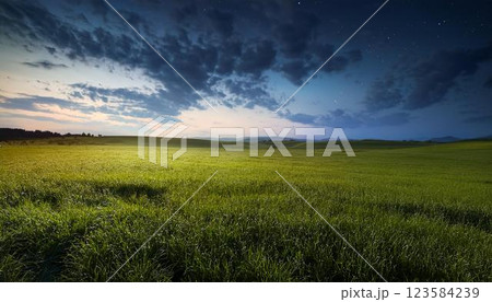 【背景素材】美しい緑の草原と夜の風景 【背景素材】美しい緑の草原と夜の風景 123584239
