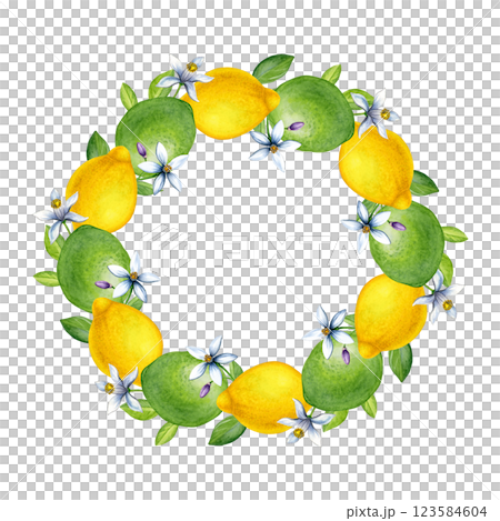 Wreath of lemons, limes and flowers. Watercolor of tropical fruits, leaves and flowers isolated on a white background. Good for postcards, recipes, menu, invitations, greeting cards. 123584604