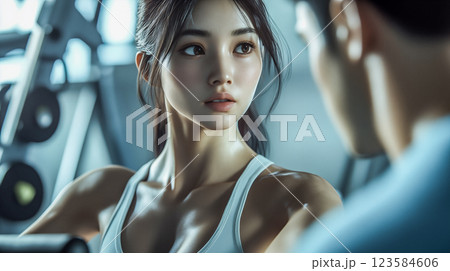 ジムで会話する女性と男性 123584606