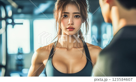 トレーニング中に視線を合わせる若い女性と男性 123584607