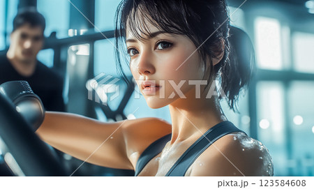 フィットネスジムでトレーニングする美しい20代の女性 123584608
