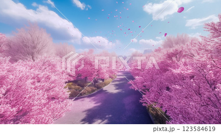 桜吹雪が舞う美しい春の並木道 123584619