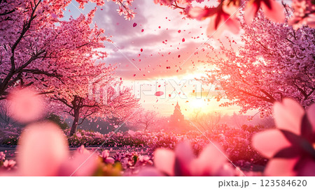 夕日と舞い散る桜が織りなす幻想的な春の風景 123584620