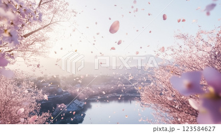 桜の花びらが舞う朝霧の湖畔 桜の花びらが舞う朝霧の湖畔 123584627