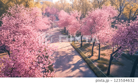 桜並木が広がる静かな都市公園の朝 桜並木が広がる静かな都市公園の朝 123584632