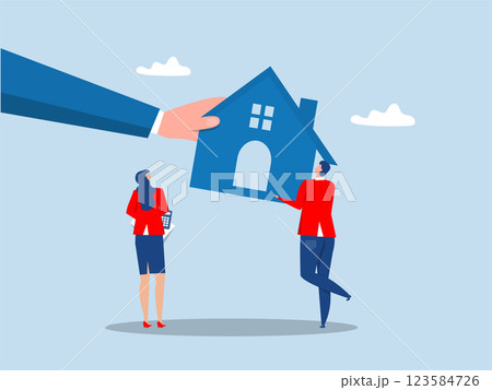 foreclosure,bankruptcy man and family fighting to hold back their house with big legal hand evict it by law.vector 123584726