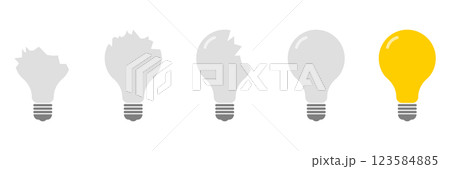 Shattered To Whole Light Bulb Evolution Icon Set. Broken And Fixed Bulbs Symbol Collection. Isolated Vector Illustration 123584885