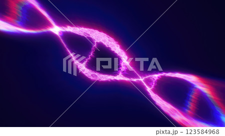 Glowing neon DNA helix with electric energy flowing through its structure against a dark background 123584968