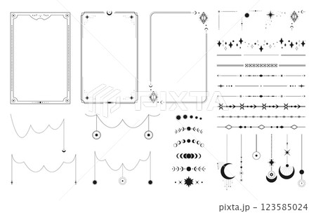 Frame border templates with celestial design elements. Garlands, dividers, pendants and borders with space decorations, crescents and stars Frame border templates with celestial design elements. Garlands, dividers, pendants and borders with space decorations, crescents and stars 123585024