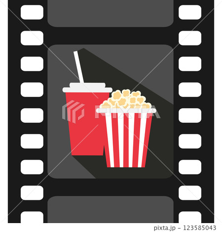 Popcorn and soda icon in movie filmstrip. Cinema movie icon symbol. Vector illustration 123585043