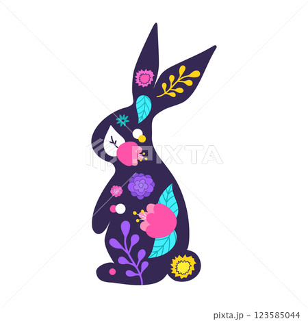Easter Bunny silhouette decorated with bright flowers. Happy Easter Day. Hand drawn vector illustration 123585044