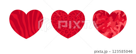 Red hearts icons with animal prints and abstract pattern. Vector illustration 123585046