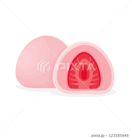 Mochi Daifuku ichigo isolated on white background. Japanese sweet rice cake cartoon dessert with strawberry. Vector illustration 123585048