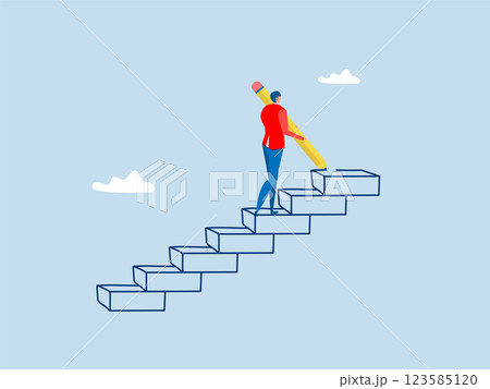 businessman use huge pencil to draw rising up staircase and walk climbing up ladder for development successful, strategy to reach business target vector 123585120
