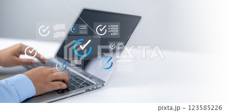 Audit business concept, Checklist and filling survey form online, Compliance with internal organization financial services regulation, Examination for business and financial management system. 123585226