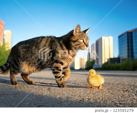 子ガモと仲良く街中を散歩する猫 子ガモと仲良く街中を散歩する猫 123585279