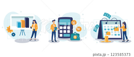 Planning financial budget isolated set. Accounting analysis and savings. People collection of scenes in flat design. Vector illustration for blogging, website, mobile app, promotional materials. 123585373