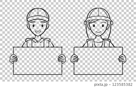 A set of boys and girls elementary school students carrying backpacks with whiteboards (line drawings) 123585382