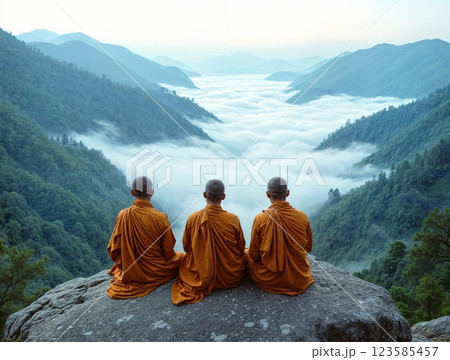 Monks meditate on a rocky cliff overlooking a misty mountain valley at sunrise 123585457