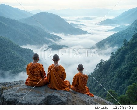 Monks enjoying tranquil mountain view with misty valleys at dawn in Southeast Asia 123585458