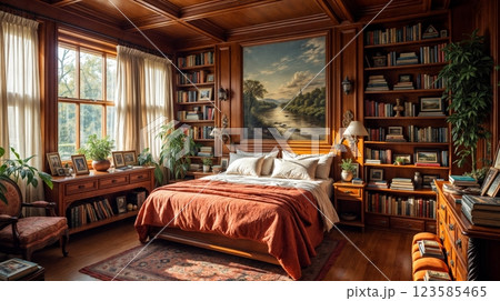 Cozy bedroom with wooden decor and a scenic painting during golden hour light 123585465