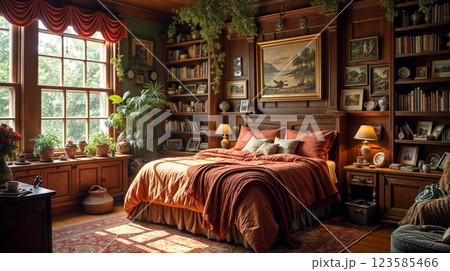Cozy bedroom with wooden decor and abundant plants in a sunlit room 123585466