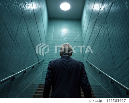 Man ascending a staircase in a dimly lit corridor with a bright circular light above 123585467