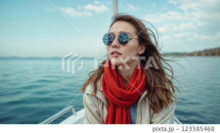 Woman enjoying a serene boat ride on a sunny day by the lake with refreshing breeze 123585468