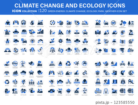 Climate change, ecology, green energy, park and weather 120 icon set. Containing global warming, renewable energy, greenhouse, melting ice, earth pollution, outdoor activity. Flat vector illustration	 123585550