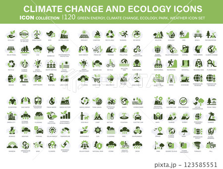 Climate change, ecology, green energy, park and weather 120 icon set. Containing global warming, renewable energy, greenhouse, melting ice, earth pollution, outdoor activity. Flat vector illustration 123585551