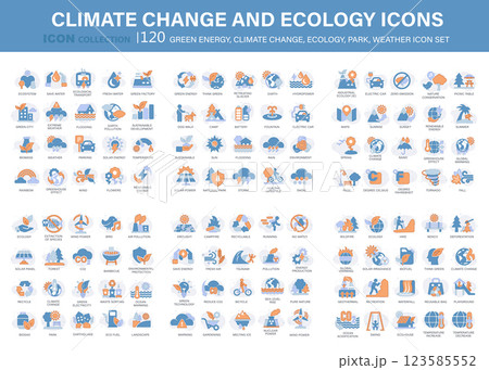 Climate change, ecology, green energy, park and weather 120 icon set. Containing global warming, renewable energy, greenhouse, melting ice, earth pollution, outdoor activity. Flat vector illustration 123585552