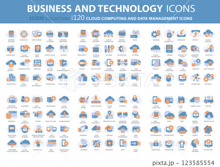 Cloud technology, programming, data management, internet connection, social network, computing, information. 120 blue technology icons set. Flat vector illustration 123585554