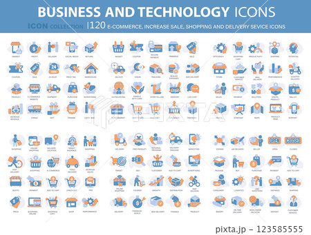 120 E-commerce, increase sale, on line shopping and digital finances icon collection. Flat vector illustration 123585555