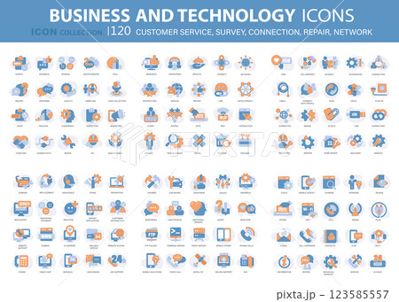 120 business and technology icon set for customer service, survey, connection, repair, network. Flat vector illustration 120 business and technology icon set for customer service, survey, connection, repair, network. Flat vector illustration 123585557