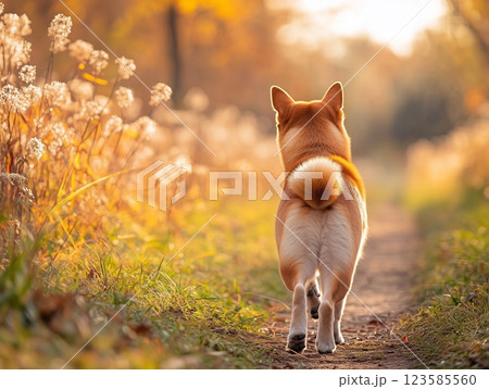 秋の散歩道を歩く柴犬の後ろ姿：黄金色に輝く風景 123585560