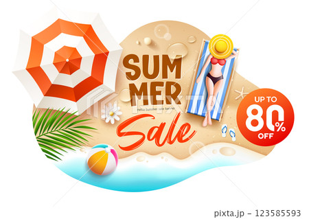 Summer sale, Beach umbrella, Woman sunbathing on sand beach, poster flyer design background Summer sale, Beach umbrella, Woman sunbathing on sand beach, poster flyer design background 123585593
