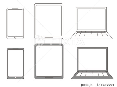 シンプルなスマホ、タブレット、パソコンのアイコンセット シンプルなスマホ、タブレット、パソコンのアイコンセット 123585594