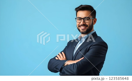 Confident business manager with crossed arms. Pale blue background with backlit. no face with backlit 123585648
