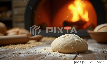 Freshly prepared dough ready for baking in a rustic kitchen with a wood-fired oven 123585683