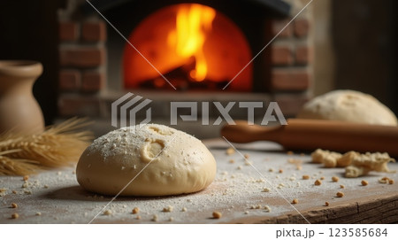 Freshly prepared dough resting in front of a blazing wood-fired oven in a rustic kitchen 123585684