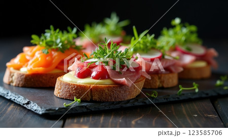 Delicious Danish Smorrebrod with Fresh Toppings Served on Dark Wooden Table 123585706