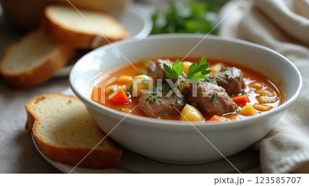 Cawl from Wales with vegetables and bread served in a rustic setting Cawl from Wales with vegetables and bread served in a rustic setting 123585707