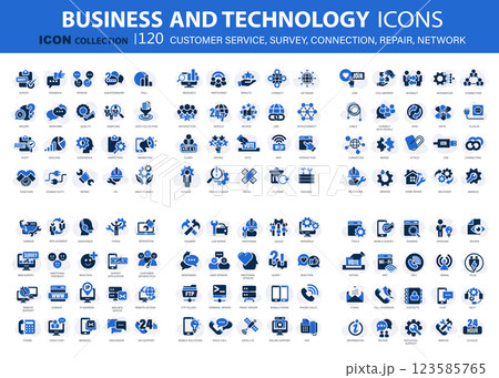 120 business and technology icon set for customer service, survey, connection, repair, network. Flat vector illustration 120 business and technology icon set for customer service, survey, connection, repair, network. Flat vector illustration 123585765