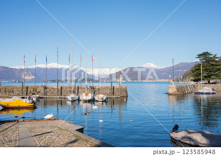 Beautiful lake at Laveno Monbello, Italy. Sunny day, no people 123585948