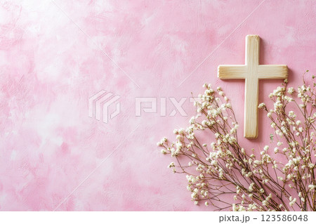 pink communion background with copy space with white flowers and rosary pink communion background with copy space with white flowers and rosary 123586048