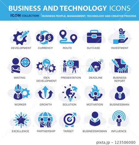 Business, data analysis, organization management and technology icon set. Business people, management, technology, creative process icon set. Icons vector collection 123586080