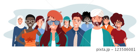Join our team. Teamwork, cooperation, friendship concept. Multicultural team. Unity in diversity. People of different nationalities and religions cartoon characters. Join our team. Teamwork, cooperation, friendship concept. Multicultural team. Unity in diversity. People of different nationalities and religions cartoon characters. 123586081