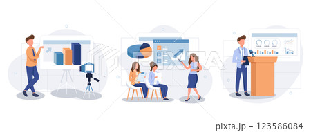 Coach speaking collection of scenes isolated. People learn at business training, career development, set in flat design. Vector illustration for blogging, website, mobile app, promotional materials. 123586084