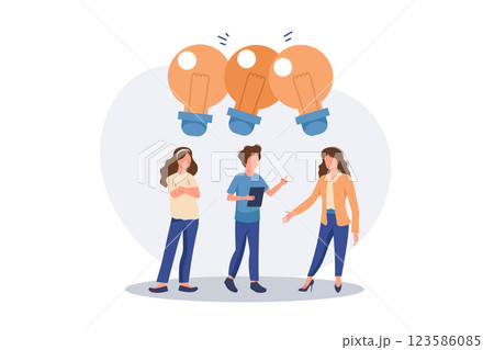Businessmen people office workers team up share lightbulb lamp idea. Sharing business ideas, collaboration meeting, sharing knowledge, teamwork or people thinking the same idea, smart thinking. 123586085